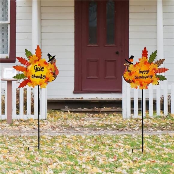Set of 2 Turkey Garden Stakes Thanksgiving Decor, 36 Inch Metal Fall - Picture 6 of 8